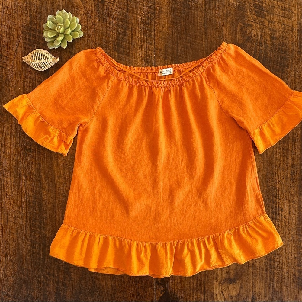 Terzo Millennio | Made In Italy 100% Linen Ruffle Hem Blouse Orange, Size S